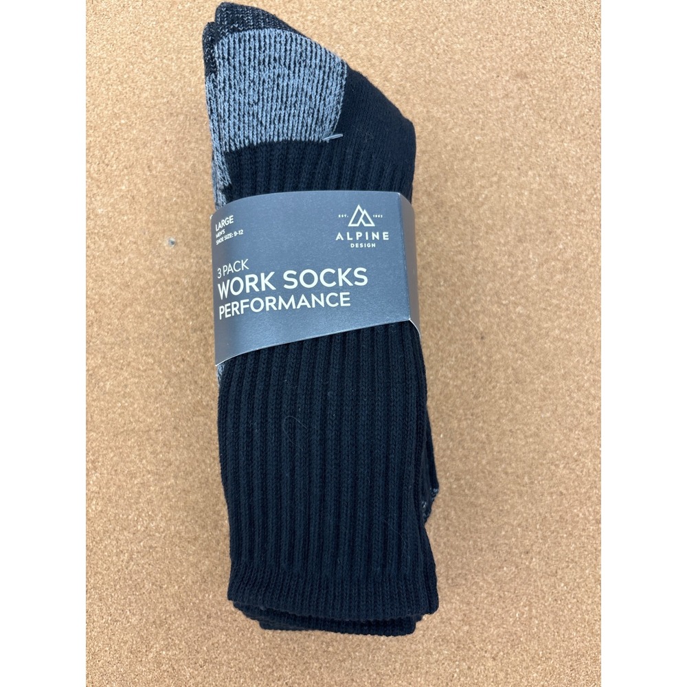 Alpine Design Mens Performance Work‎ Socks 3 Pack Black Gray Large 9-12